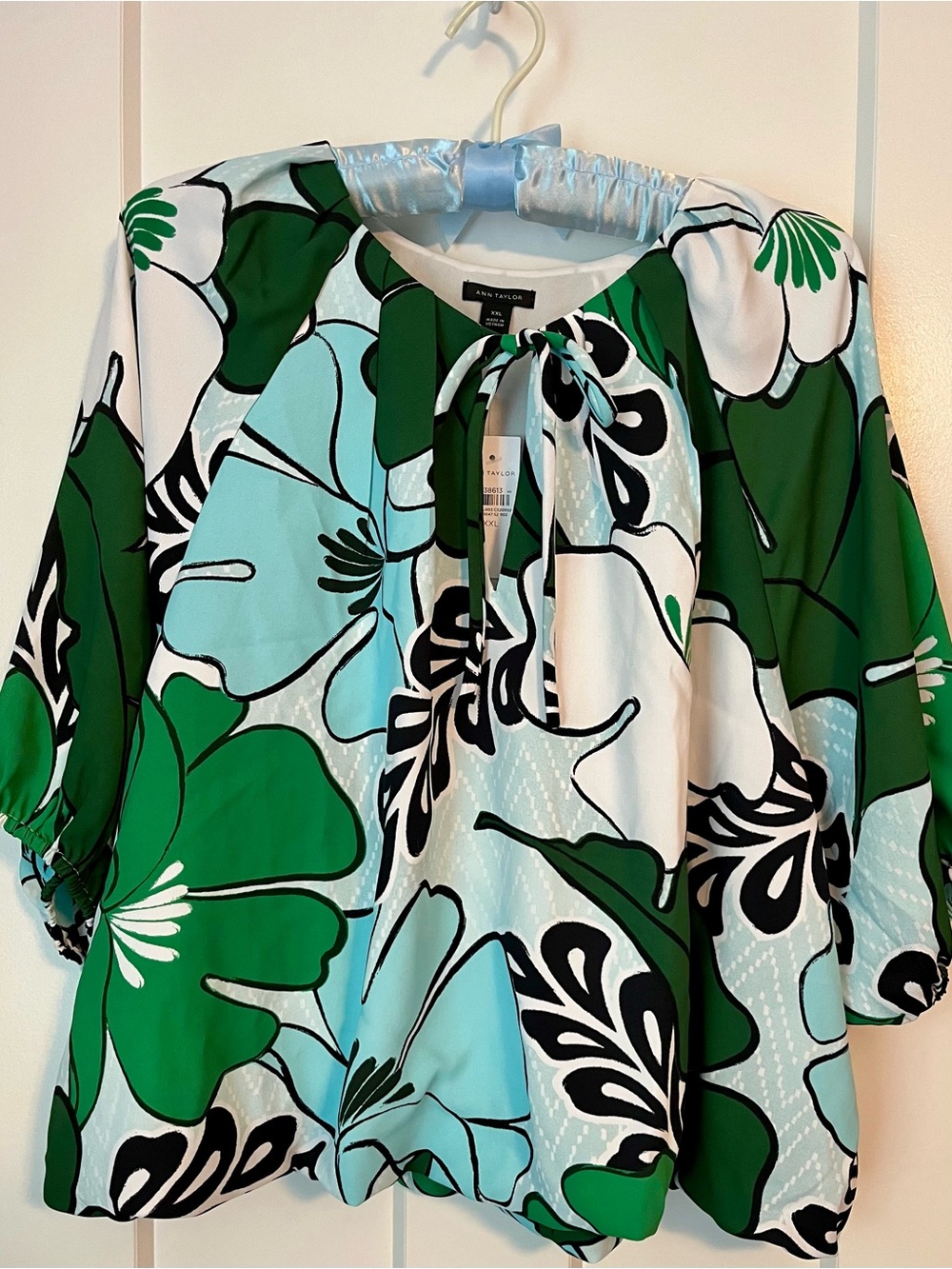 Ann Taylor Green, Aqua & White Floral Tie-Neck Blouse